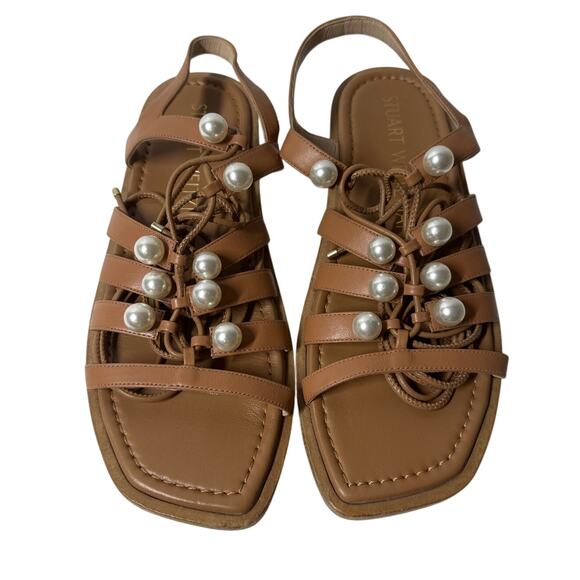 Stuart Weitzman Goldie Lace Up Pearly Leather Ankle-Tie Flat Sandals Tan Size 8 - Picture 2 of 13